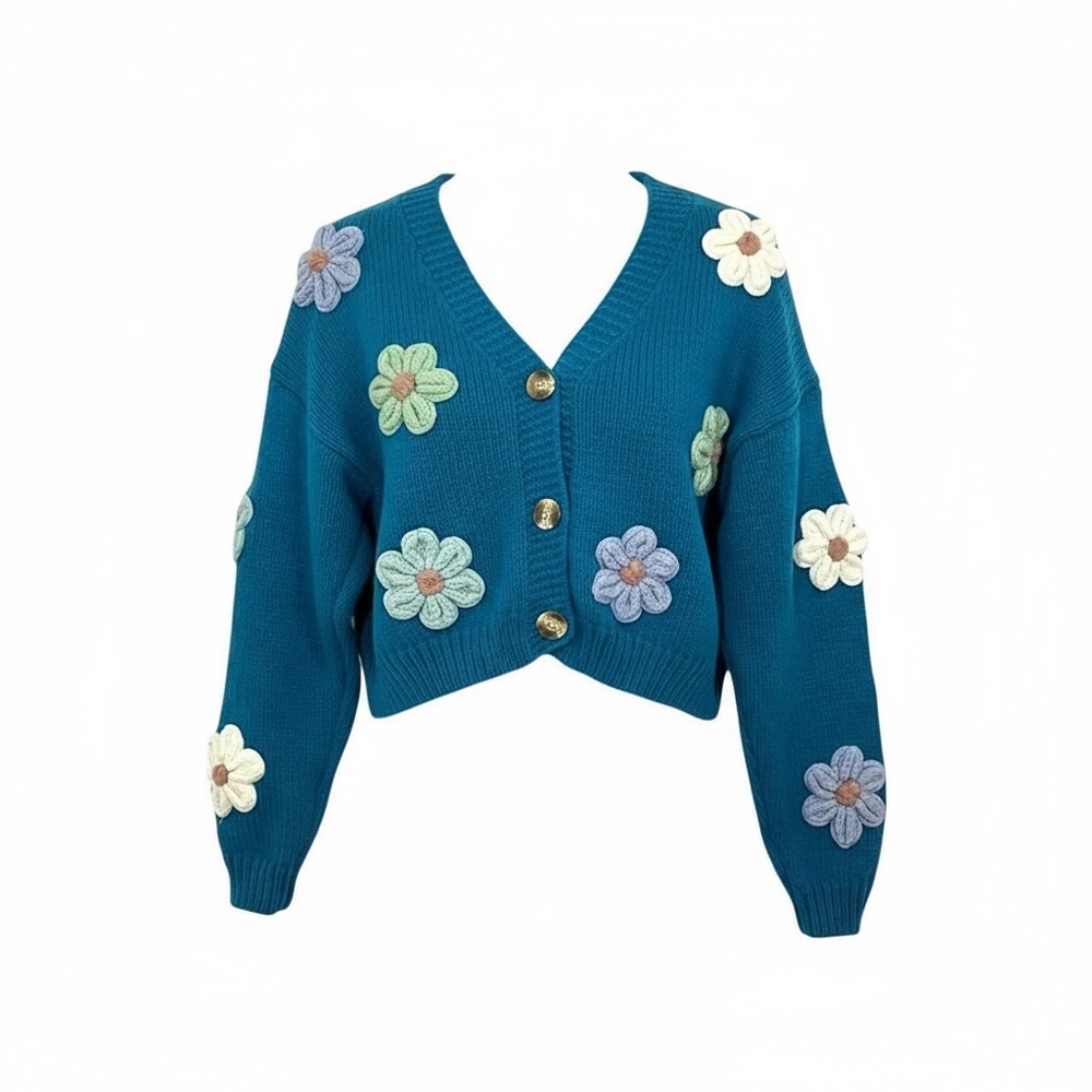 Debut 3D Floral Cropped Crochet Cardigan Sweater XS
